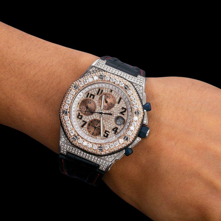 AP Royal Oak Offshore Chronograph Dial Standard Numerals Black Leather Strap Semi Iced Out Watch On Wrist View