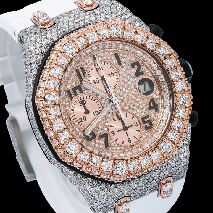 AP Royal Oak Offshore Chronograph Dial Standard Numerals Two Tone Semi Iced Out Rose Gold White Rubber Strap Watch Close Up Dial View