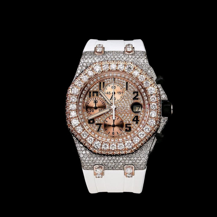 AP Royal Oak Offshore Chronograph Dial Standard Numerals Two Tone Semi Iced Out Rose Gold White Rubber Strap Watch Close Up Front View