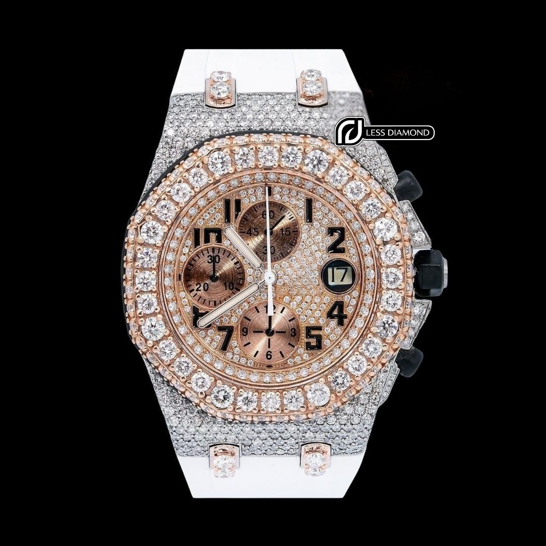 AP Royal Oak Offshore Chronograph Dial Standard Numerals Two Tone Semi Iced Out Rose Gold White Rubber Strap Watch Front View