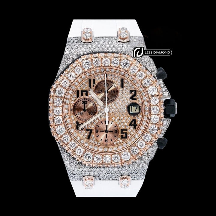 AP Royal Oak Offshore Chronograph Dial Standard Numerals Two Tone Semi Iced Out Rose Gold White Rubber Strap Watch Front View