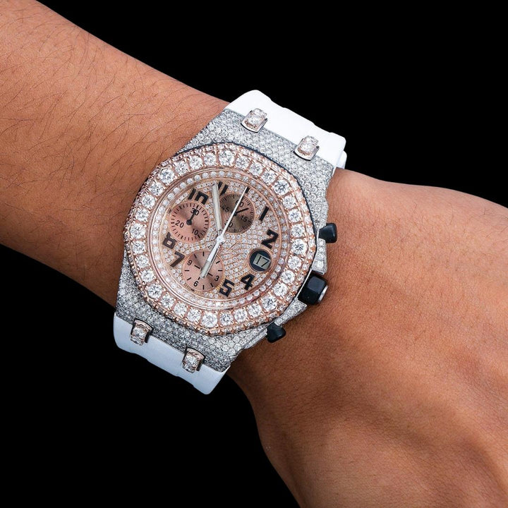 AP Royal Oak Offshore Chronograph Dial Standard Numerals Two Tone Semi Iced Out Rose Gold White Rubber Strap Watch On Wrist View