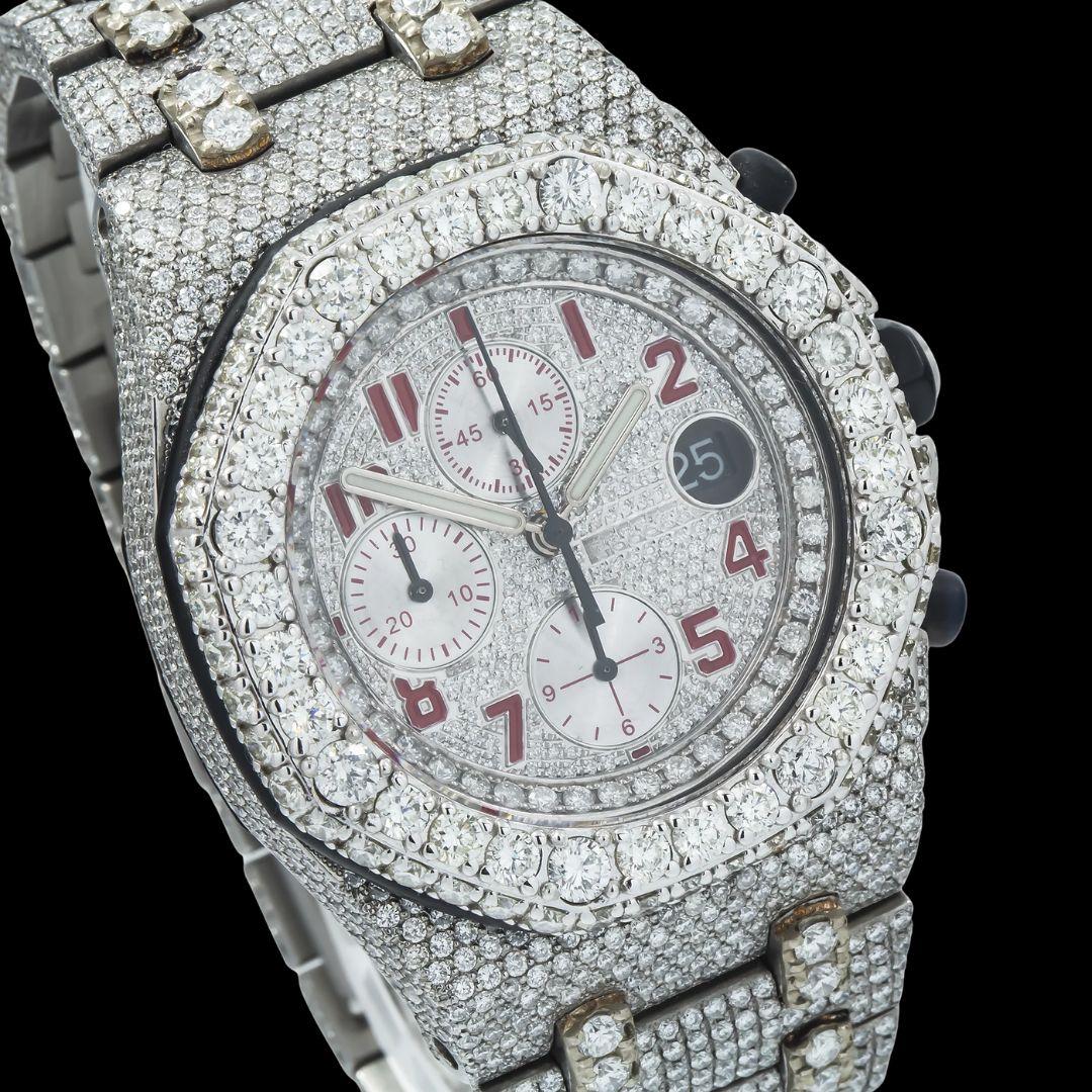 AP Royal Oak Offshore Chronograph Red Standard Numerals Fully Iced Out Moissanite Watch Close Up Dial View