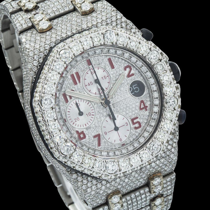AP Royal Oak Offshore Chronograph Red Standard Numerals Fully Iced Out Moissanite Watch Close Up Dial View