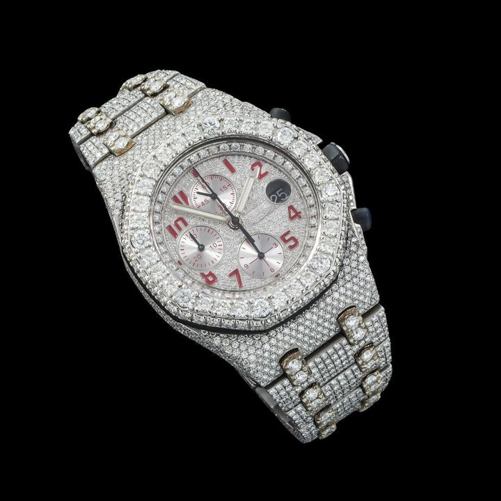 AP Royal Oak Offshore Chronograph Red Standard Numerals Fully Iced Out Moissanite Watch Close Up Front View