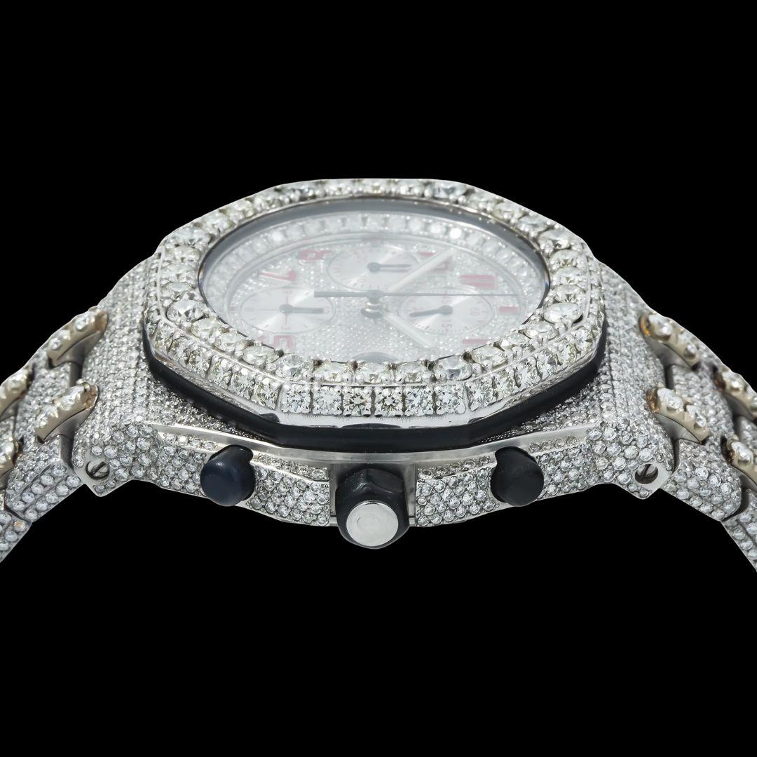 AP Royal Oak Offshore Chronograph Red Standard Numerals Fully Iced Out Moissanite Watch Crown View