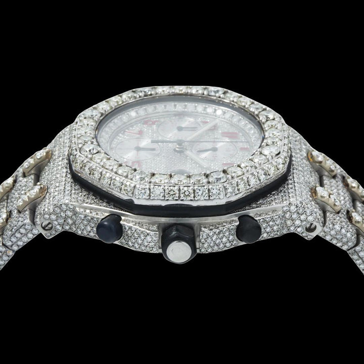 AP Royal Oak Offshore Chronograph Red Standard Numerals Fully Iced Out Moissanite Watch Crown View