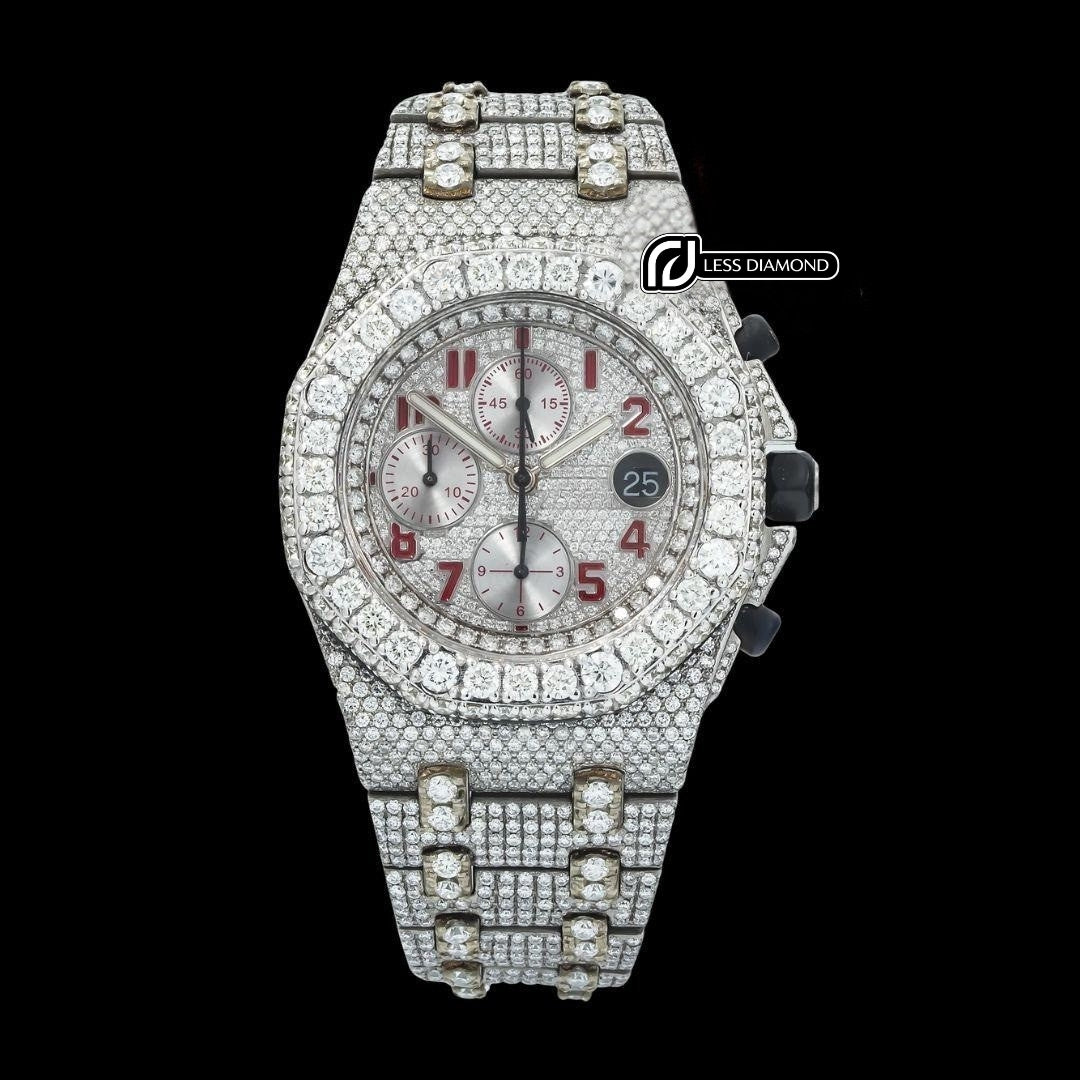AP Royal Oak Offshore Chronograph Red Standard Numerals Fully Iced Out Moissanite Watch Front View