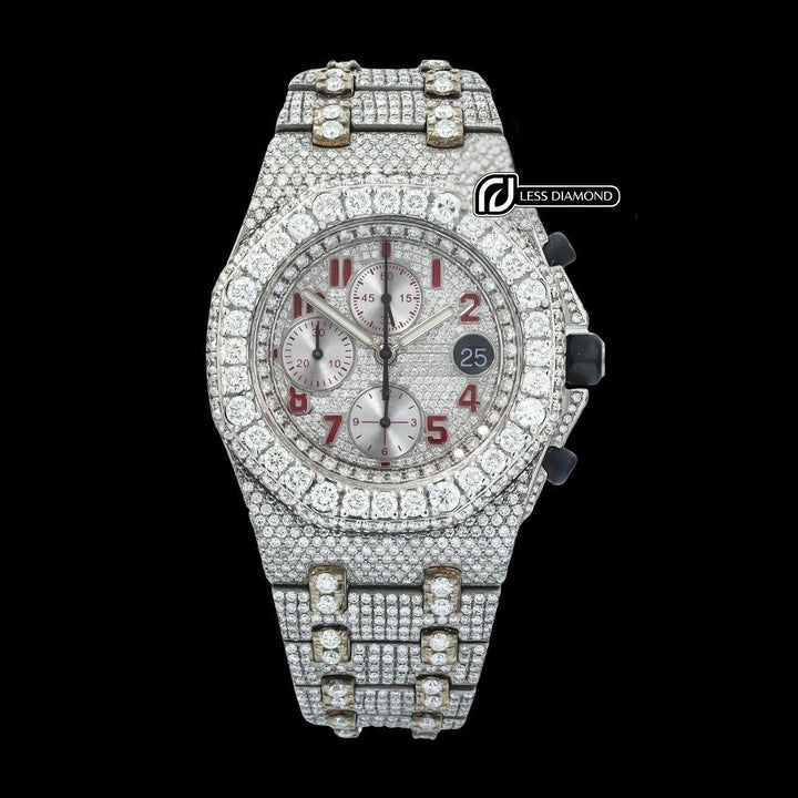 AP Royal Oak Offshore Chronograph Red Standard Numerals Fully Iced Out Moissanite Watch Front View