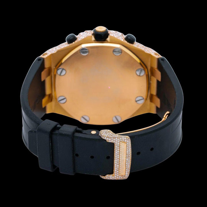 AP Royal Oak Offshore Chronograph Rose Gold Dial Black Rubber Strap Semi Iced Out Moissanite Watch Caseback View