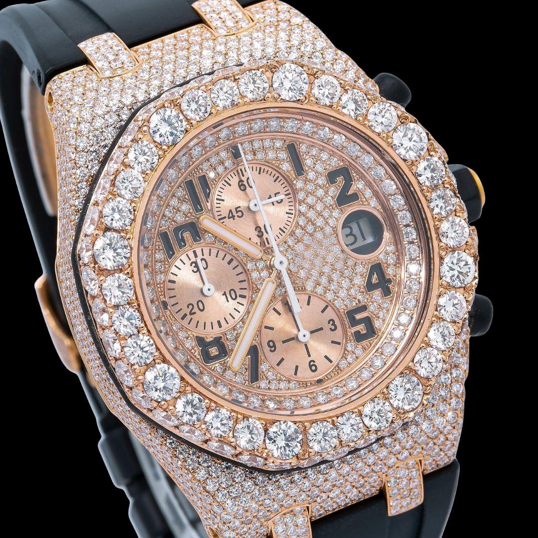 AP Royal Oak Offshore Chronograph Rose Gold Dial Black Rubber Strap Semi Iced Out Moissanite Watch Close Up Dial View