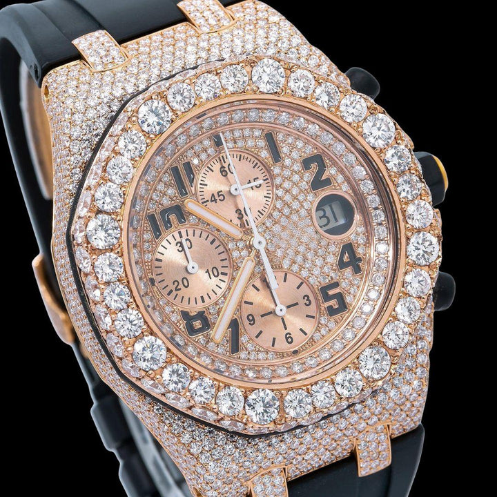 AP Royal Oak Offshore Chronograph Rose Gold Dial Black Rubber Strap Semi Iced Out Moissanite Watch Close Up Dial View