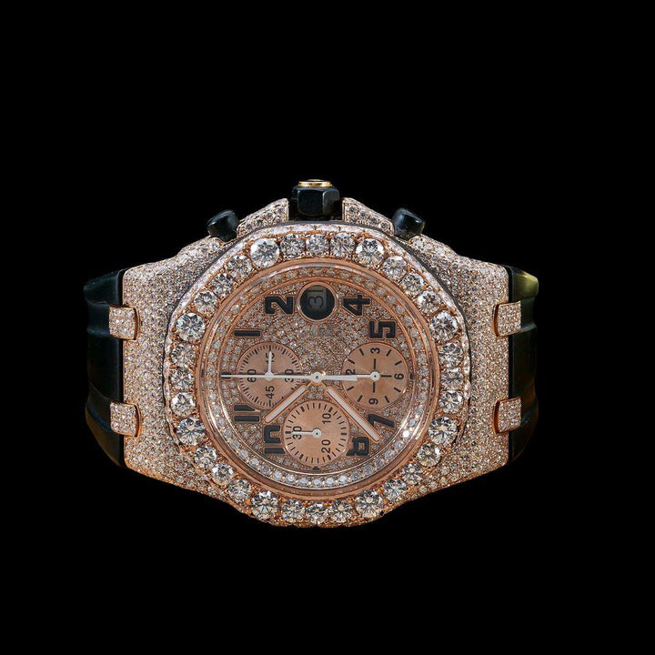 AP Royal Oak Offshore Chronograph Rose Gold Dial Black Rubber Strap Semi Iced Out Moissanite Watch Close Up Front View