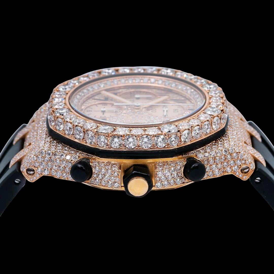AP Royal Oak Offshore Chronograph Rose Gold Dial Black Rubber Strap Semi Iced Out Moissanite Watch Crown View