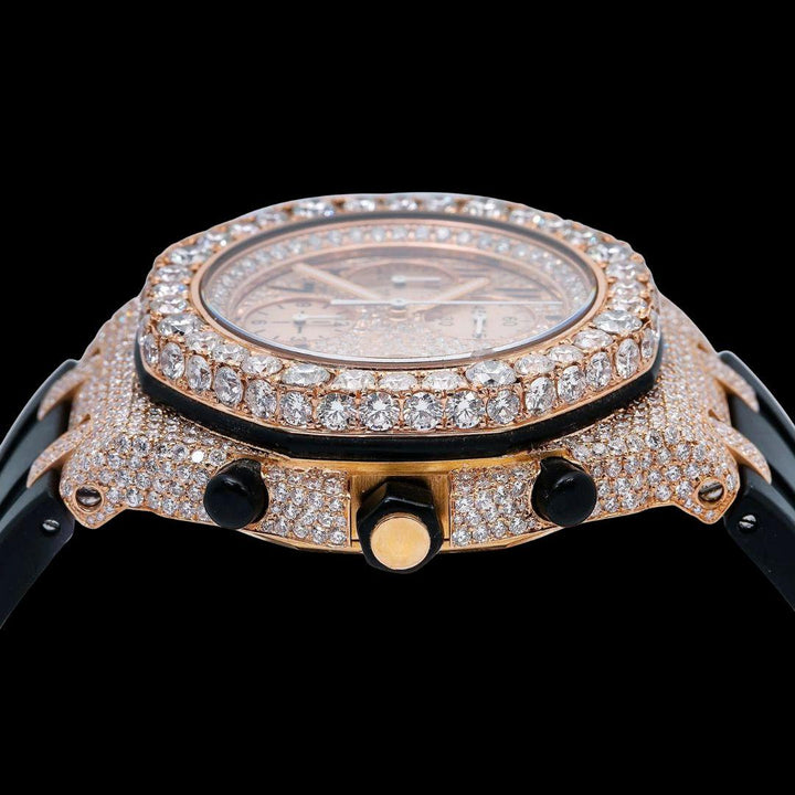 AP Royal Oak Offshore Chronograph Rose Gold Dial Black Rubber Strap Semi Iced Out Moissanite Watch Crown View