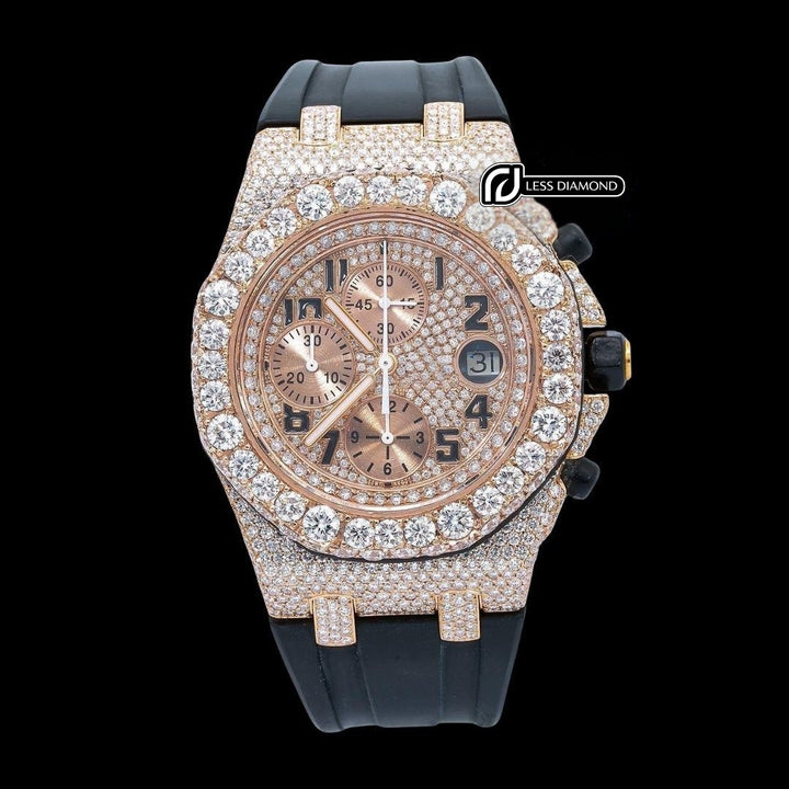 AP Royal Oak Offshore Chronograph Rose Gold Dial Black Rubber Strap Semi Iced Out Moissanite Watch Front View