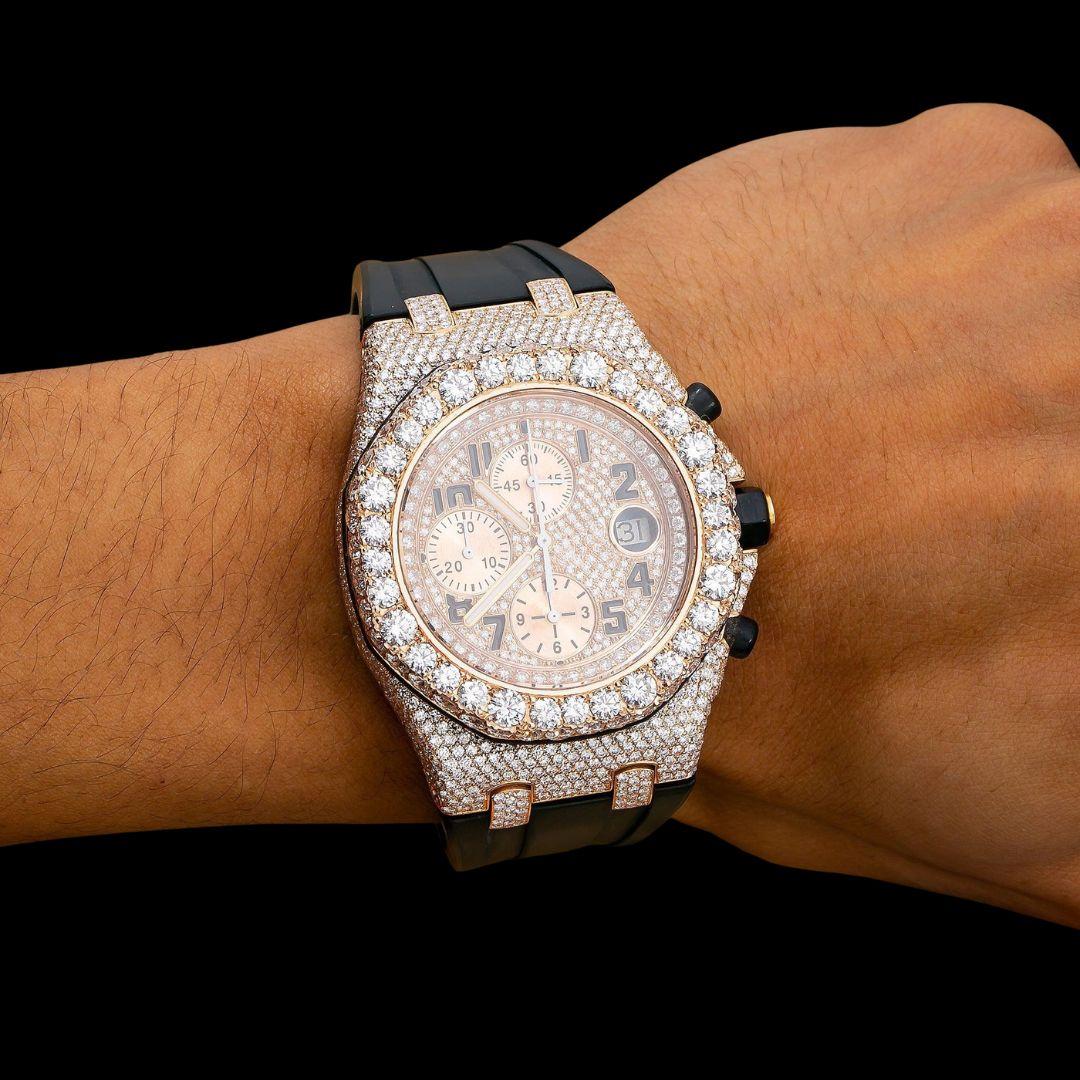 AP Royal Oak Offshore Chronograph Rose Gold Dial Black Rubber Strap Semi Iced Out Moissanite Watch On Wrist View