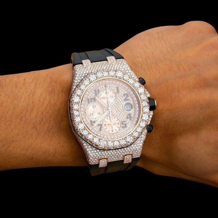 AP Royal Oak Offshore Chronograph Rose Gold Dial Black Rubber Strap Semi Iced Out Moissanite Watch On Wrist View