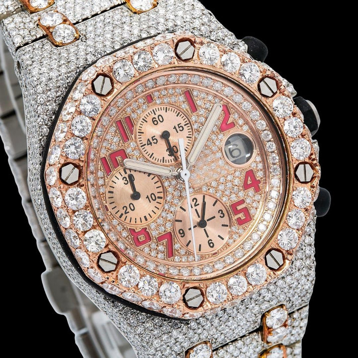 AP Royal Oak Offshore Chronograph Rose Gold Dial Red Standard Numerals Two Tone Moissanite Watch Close Up Dial View