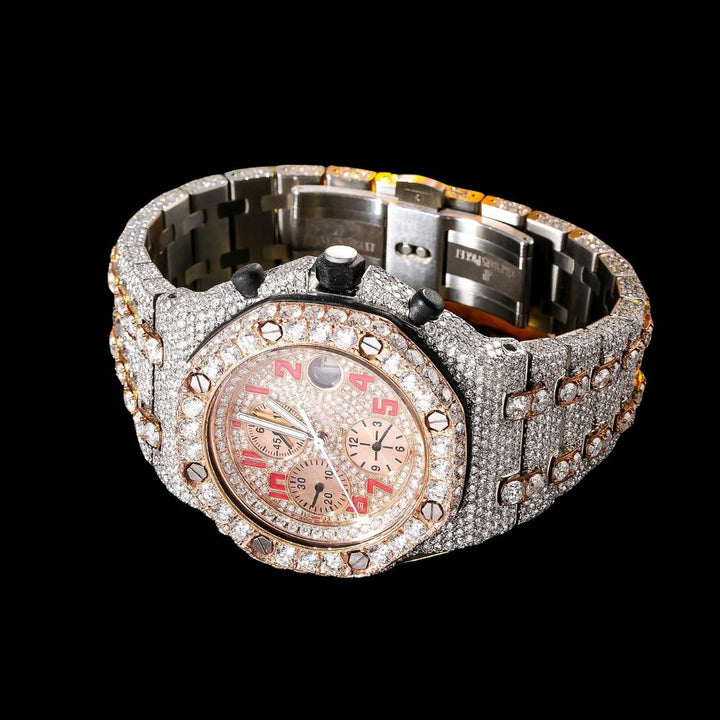 AP Royal Oak Offshore Chronograph Rose Gold Dial Red Standard Numerals Two Tone Moissanite Watch Close Up Front View