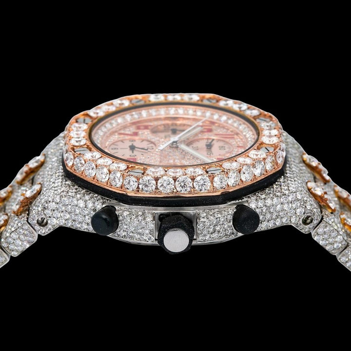AP Royal Oak Offshore Chronograph Rose Gold Dial Red Standard Numerals Two Tone Moissanite Watch Crown View