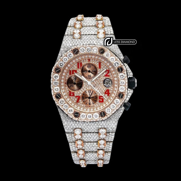 AP Royal Oak Offshore Chronograph Rose Gold Dial Red Standard Numerals Two Tone Moissanite Watch Front View