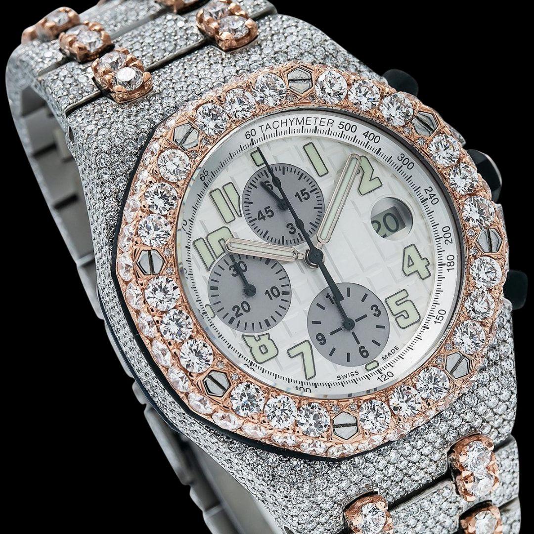 AP Royal Oak Offshore Chronograph Standard Numerals Dial Two Tone Fully Iced Out Moissanite Watch Close Up Dial View