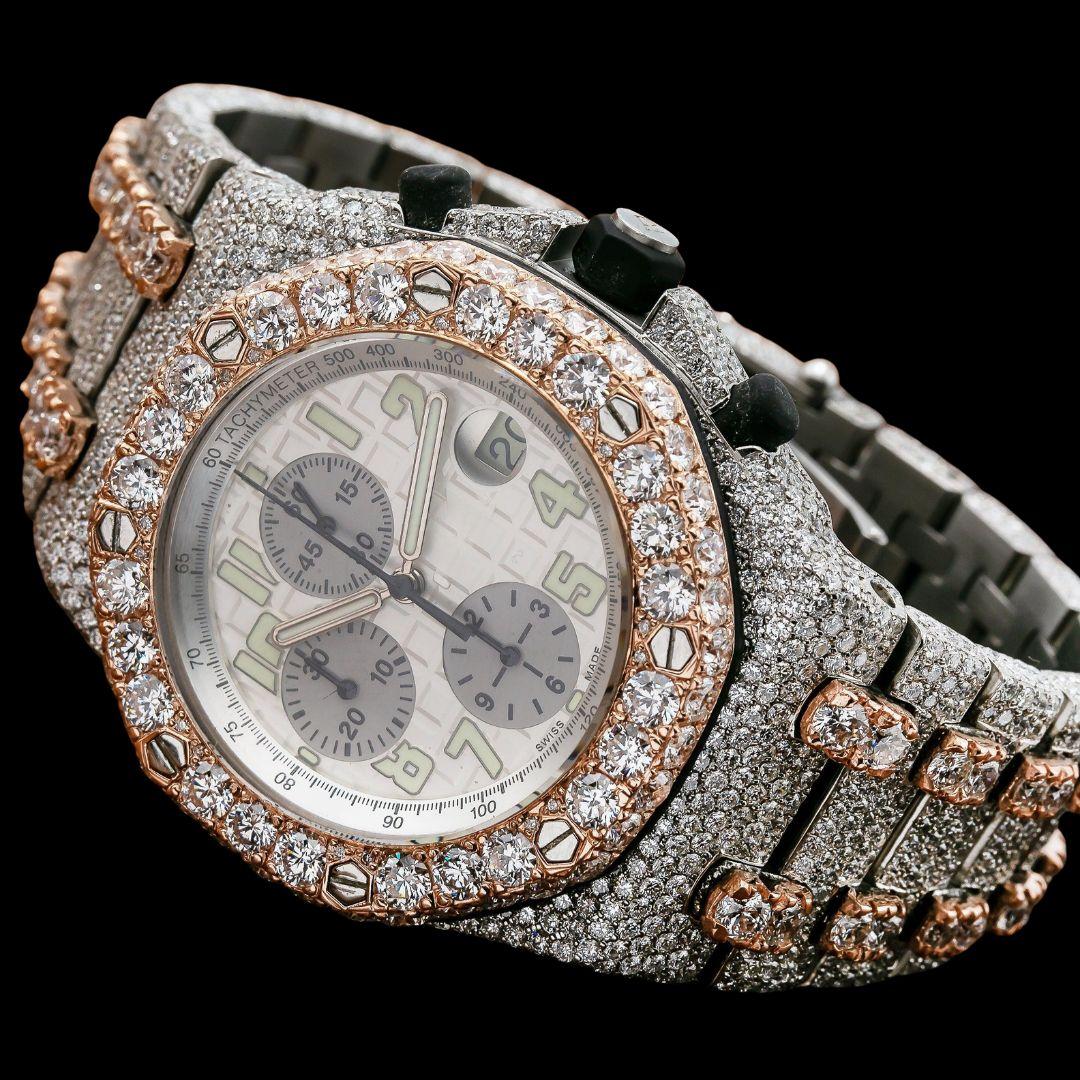 AP Royal Oak Offshore Chronograph Standard Numerals Dial Two Tone Fully Iced Out Moissanite Watch Close Up Front View