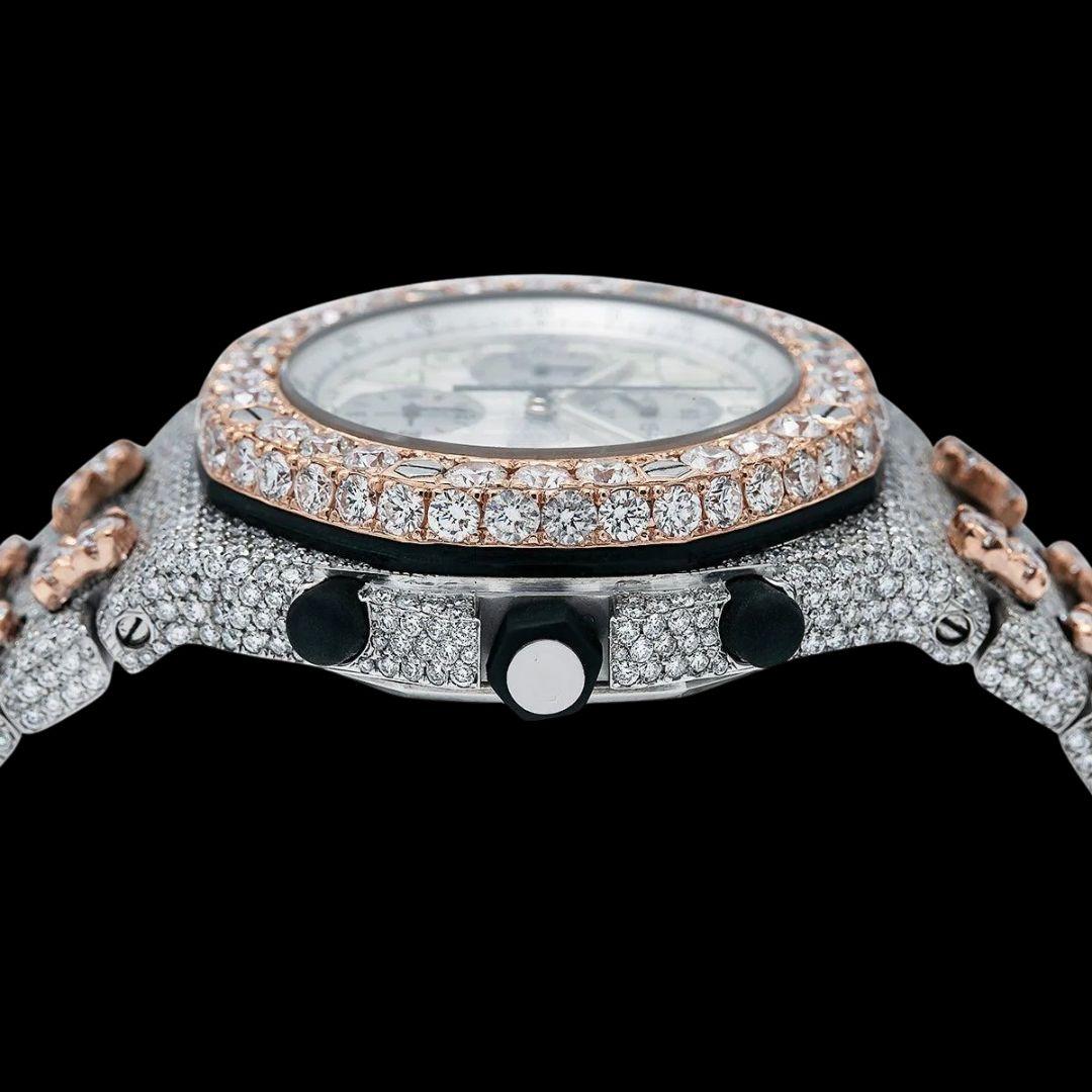 AP Royal Oak Offshore Chronograph Standard Numerals Dial Two Tone Fully Iced Out Moissanite Watch Crown View