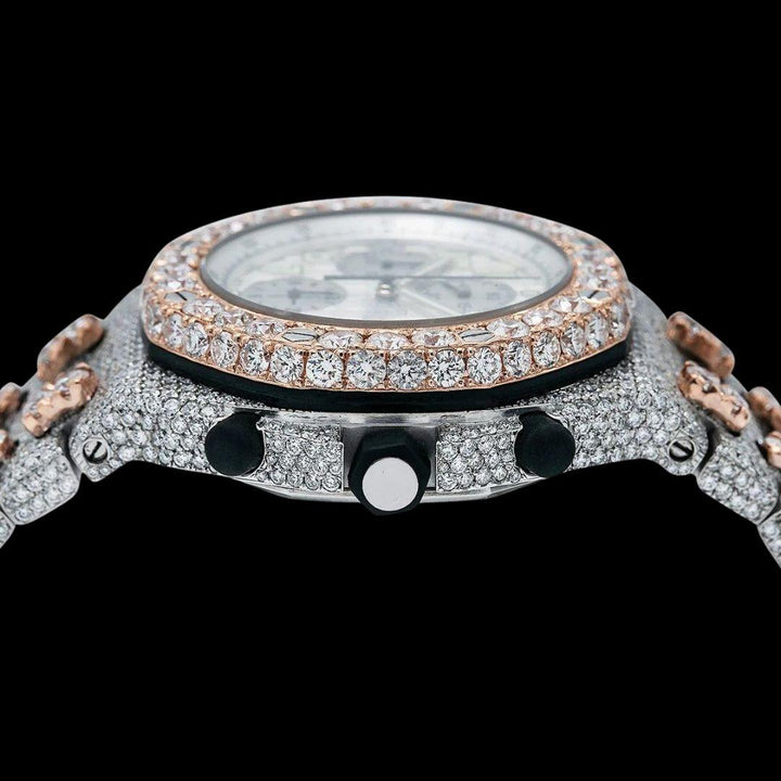 AP Royal Oak Offshore Chronograph Standard Numerals Dial Two Tone Fully Iced Out Moissanite Watch Crown View