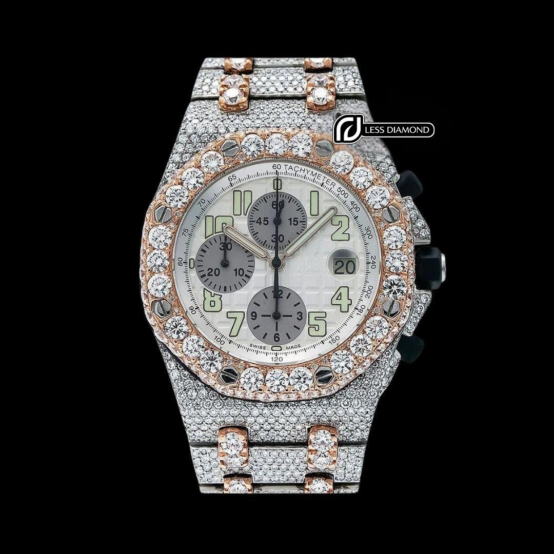 AP Royal Oak Offshore Chronograph Standard Numerals Dial Two Tone Fully Iced Out Moissanite Watch Front View