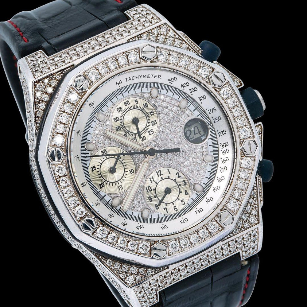 AP Royal Oak Offshore Chronograph White Diamond Dial Semi Iced Out Black Leather Strap Moissanite Watch Close Up Dial View