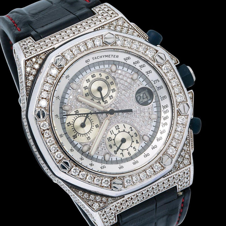 AP Royal Oak Offshore Chronograph White Diamond Dial Semi Iced Out Black Leather Strap Moissanite Watch Close Up Dial View