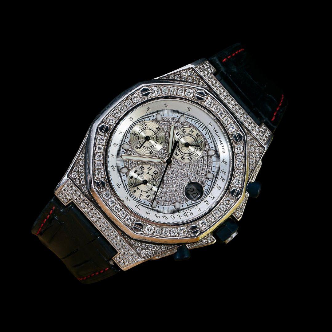 AP Royal Oak Offshore Chronograph White Diamond Dial Semi Iced Out Black Leather Strap Moissanite Watch Close Up Front View