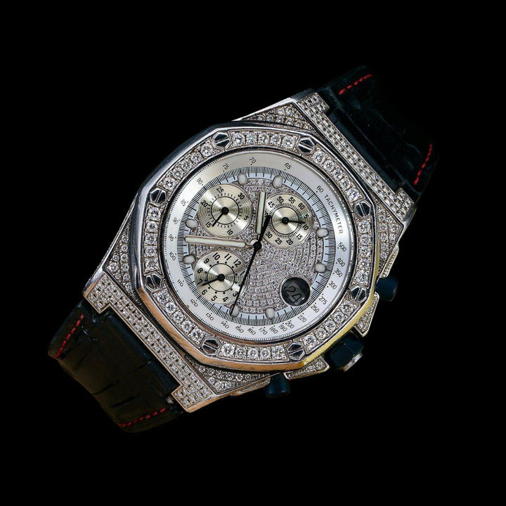 AP Royal Oak Offshore Chronograph White Diamond Dial Semi Iced Out Black Leather Strap Moissanite Watch Close Up Front View
