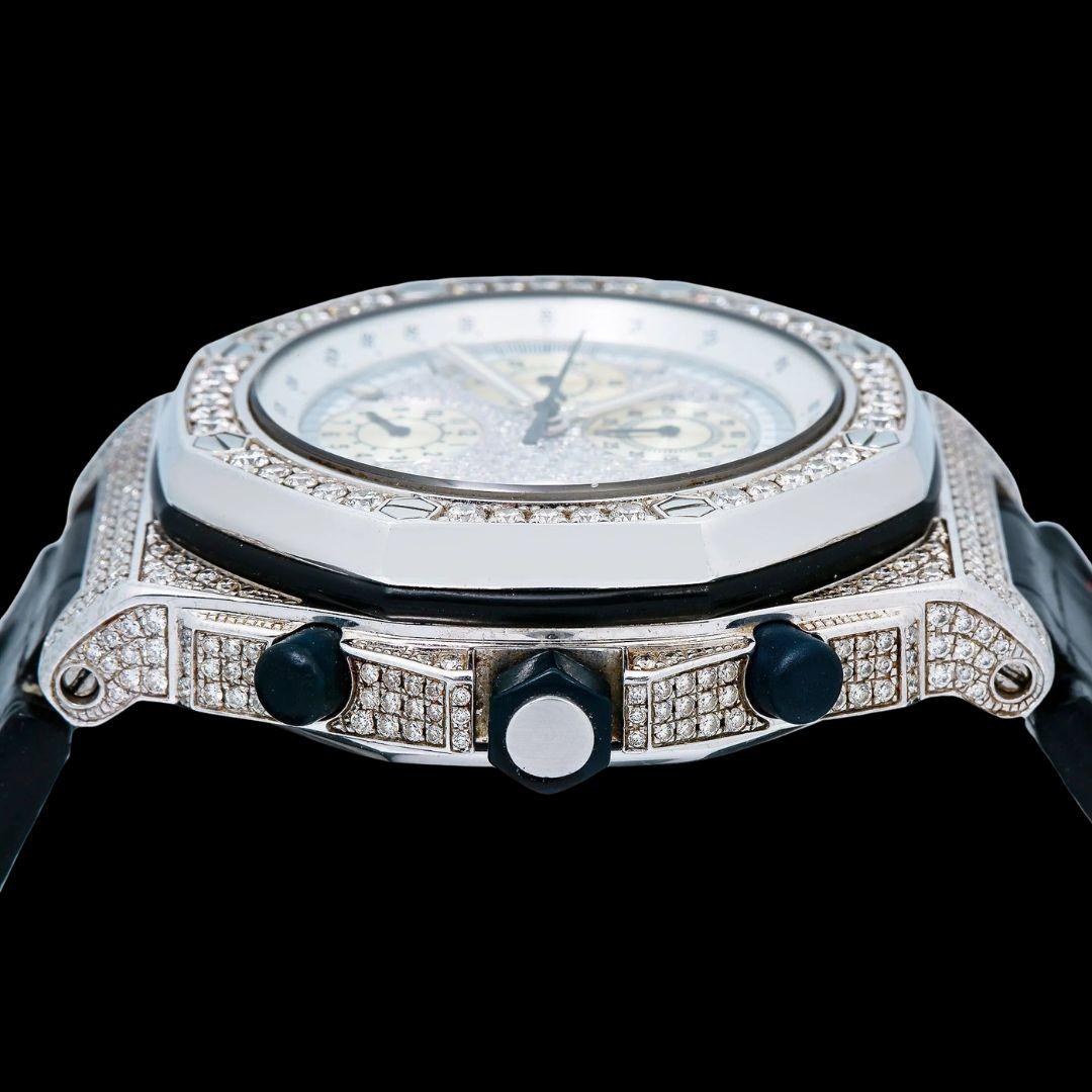 AP Royal Oak Offshore Chronograph White Diamond Dial Semi Iced Out Black Leather Strap Moissanite Watch Crown View