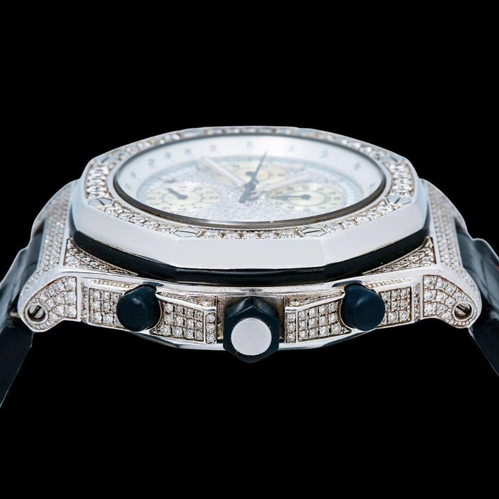 AP Royal Oak Offshore Chronograph White Diamond Dial Semi Iced Out Black Leather Strap Moissanite Watch Crown View