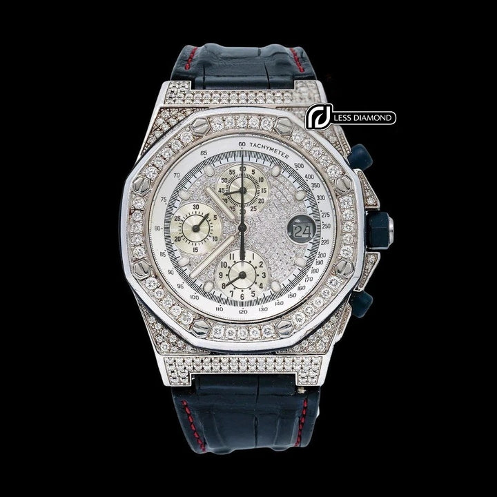 AP Royal Oak Offshore Chronograph White Diamond Dial Semi Iced Out Black Leather Strap Moissanite Watch Front View