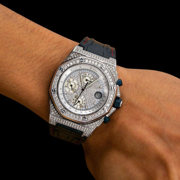 AP Royal Oak Offshore Chronograph White Diamond Dial Semi Iced Out Black Leather Strap Moissanite Watch On Wrist View