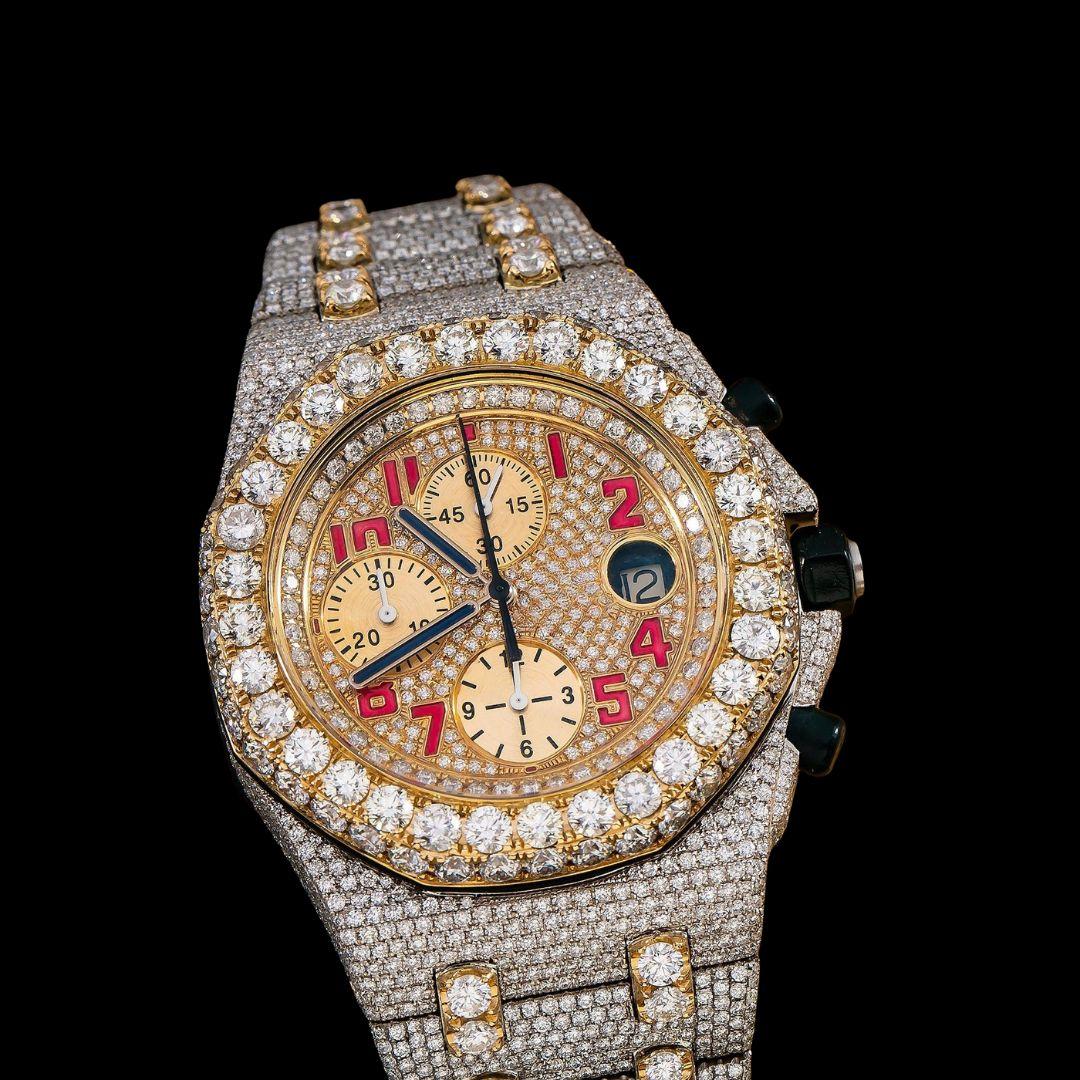 AP Royal Oak Offshore Chronograph Yellow Gold Dial Red Standard Numerals Two Tone Moissanite Watch Close Chronograph View