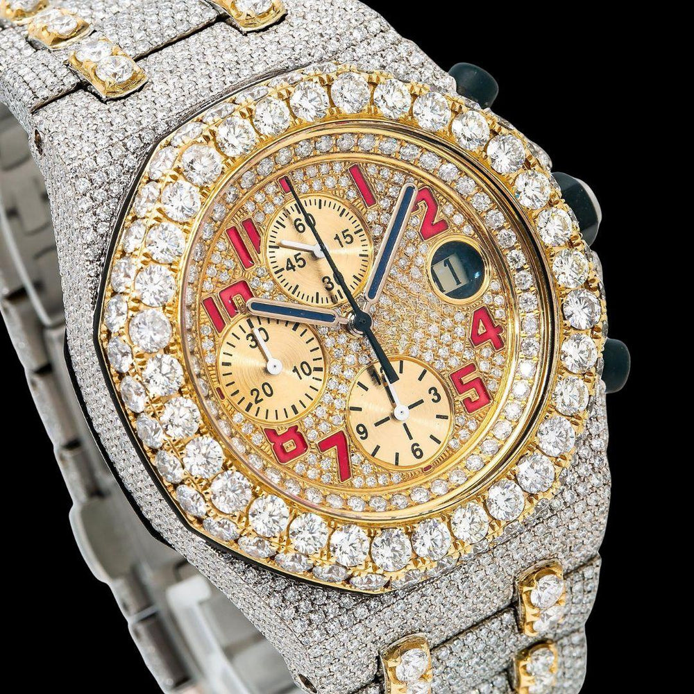 AP Royal Oak Offshore Chronograph Yellow Gold Dial Red Standard Numerals Two Tone Moissanite Watch Close Up Dial View