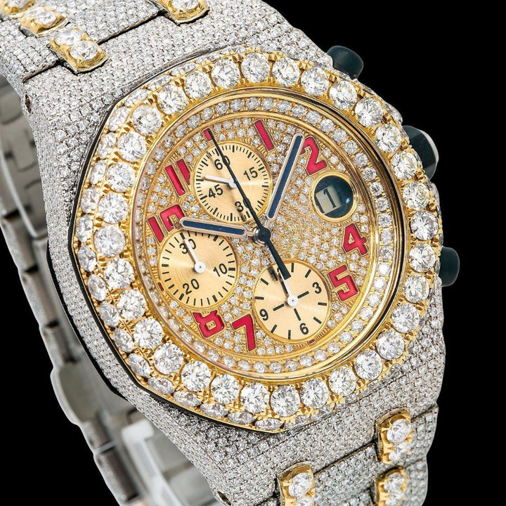 AP Royal Oak Offshore Chronograph Yellow Gold Dial Red Standard Numerals Two Tone Moissanite Watch Close Up Dial View