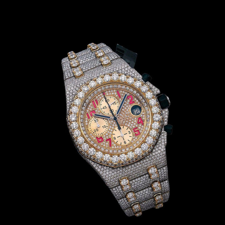 AP Royal Oak Offshore Chronograph Yellow Gold Dial Red Standard Numerals Two Tone Moissanite Watch Close Up Front View