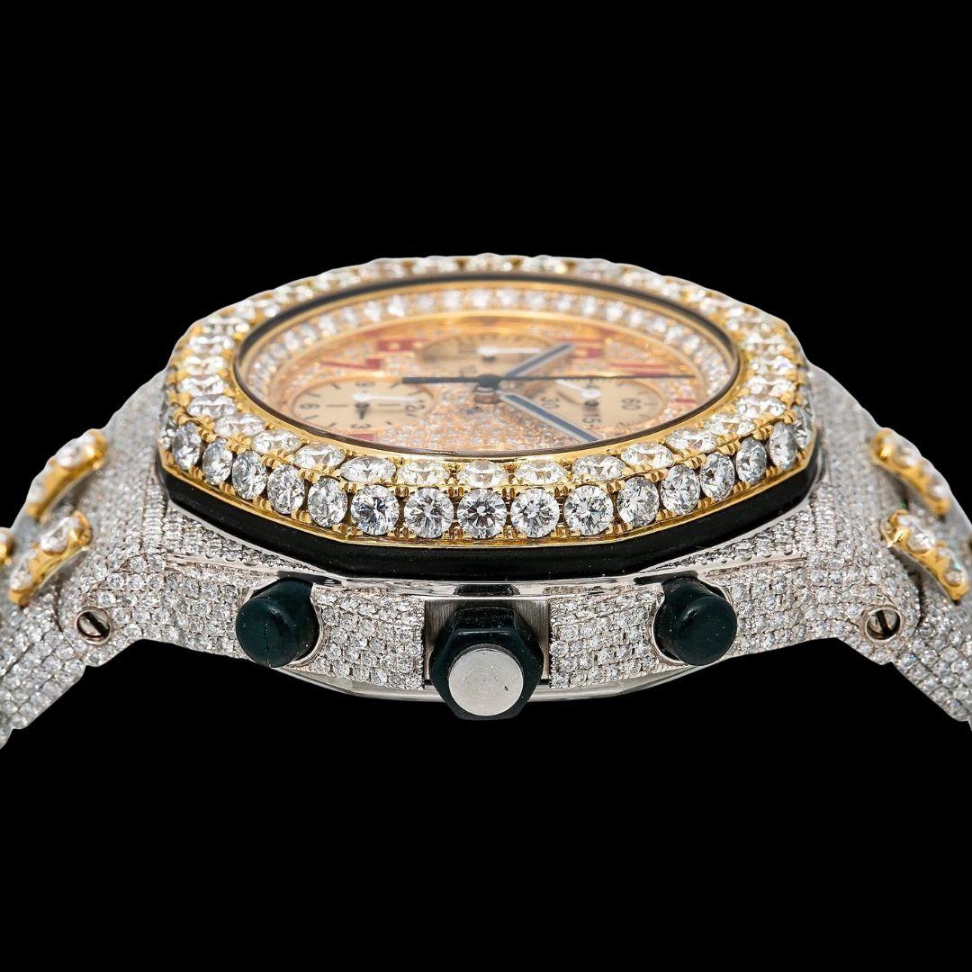 AP Royal Oak Offshore Chronograph Yellow Gold Dial Red Standard Numerals Two Tone Moissanite Watch Crown View