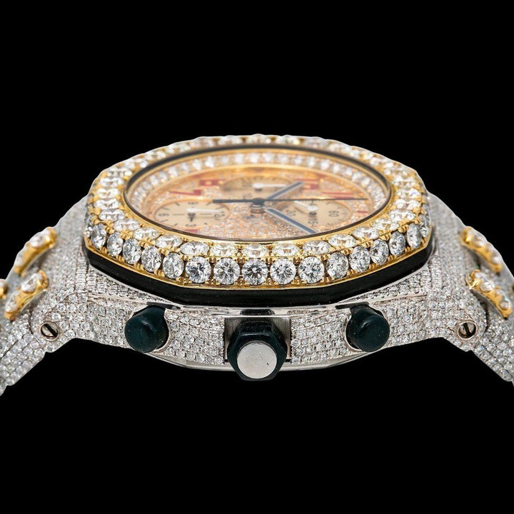 AP Royal Oak Offshore Chronograph Yellow Gold Dial Red Standard Numerals Two Tone Moissanite Watch Crown View
