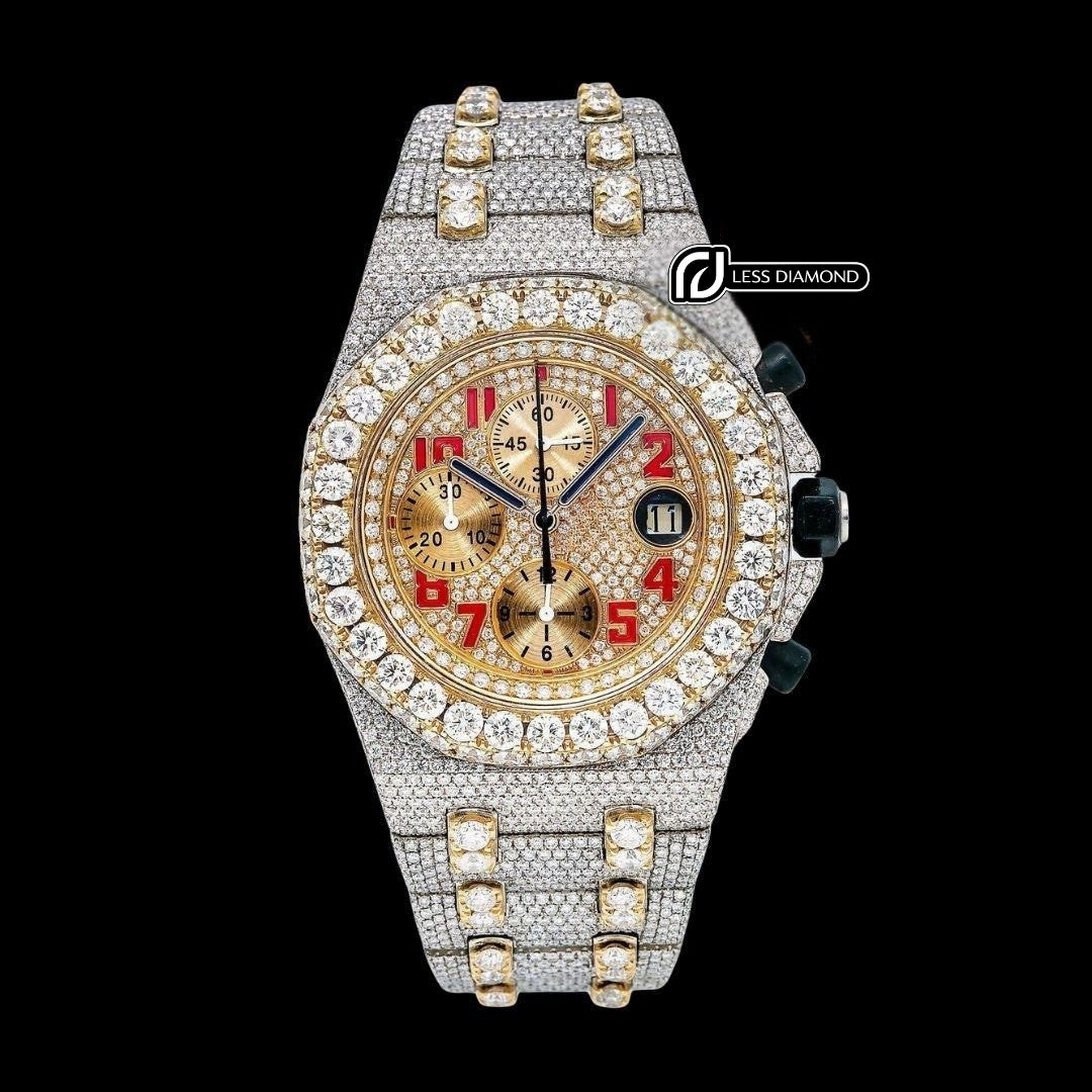 AP Royal Oak Offshore Chronograph Yellow Gold Dial Red Standard Numerals Two Tone Moissanite Watch Front View