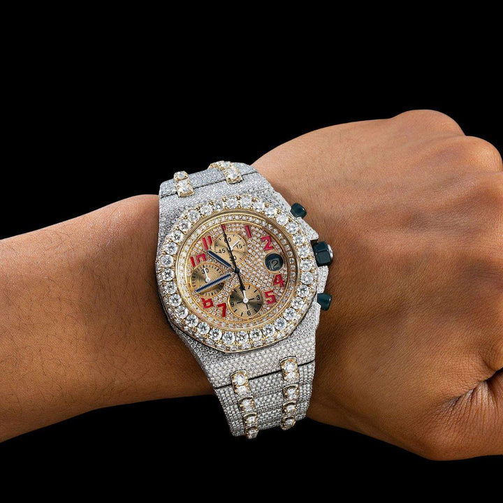 AP Royal Oak Offshore Chronograph Yellow Gold Dial Red Standard Numerals Two Tone Moissanite Watch On Wrist View