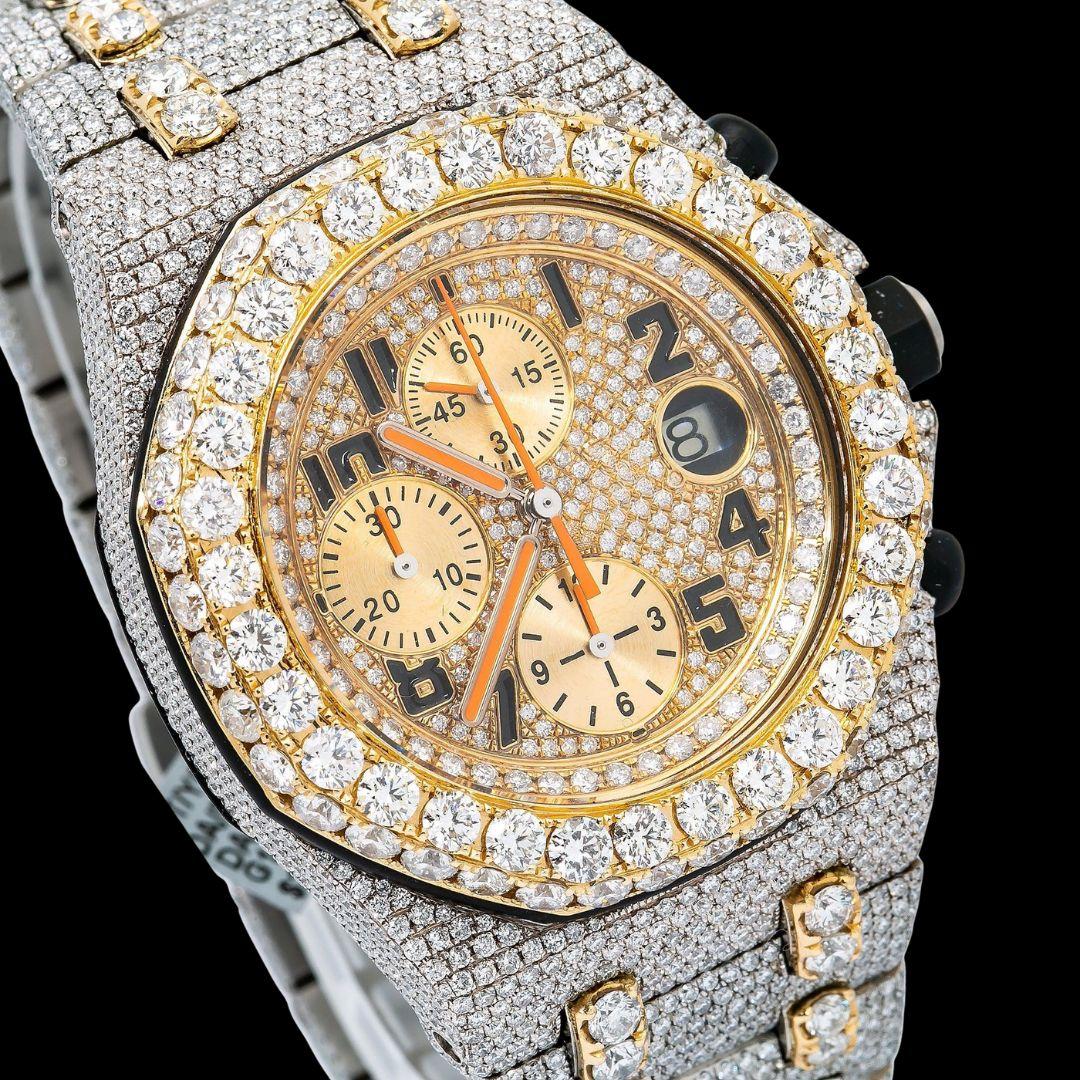 AP Royal Oak Offshore Chronograph Yellow Gold Dial Standard Numerals Two Tone Iced Out Moissanite Watch Close Up Dial View