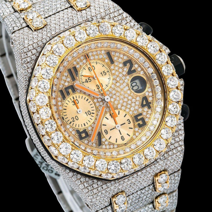 AP Royal Oak Offshore Chronograph Yellow Gold Dial Standard Numerals Two Tone Iced Out Moissanite Watch Close Up Dial View