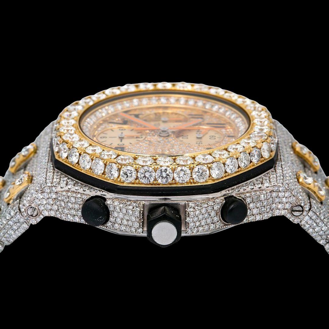 AP Royal Oak Offshore Chronograph Yellow Gold Dial Standard Numerals Two Tone Iced Out Moissanite Watch Crown View